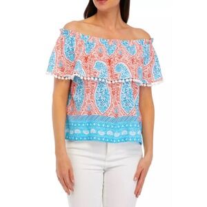 NWT Crown & Ivy Pom Trim Top Small Paisley Off Shoulder Resort Vacation Preppy